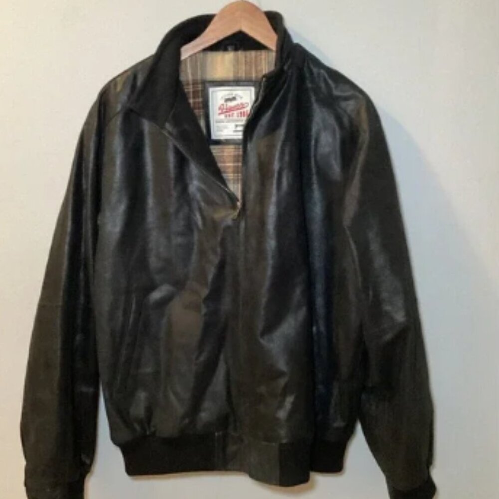 FLAVOR Black Leather Jacket Plaid Lining Pig Skin Men's Large Vintage